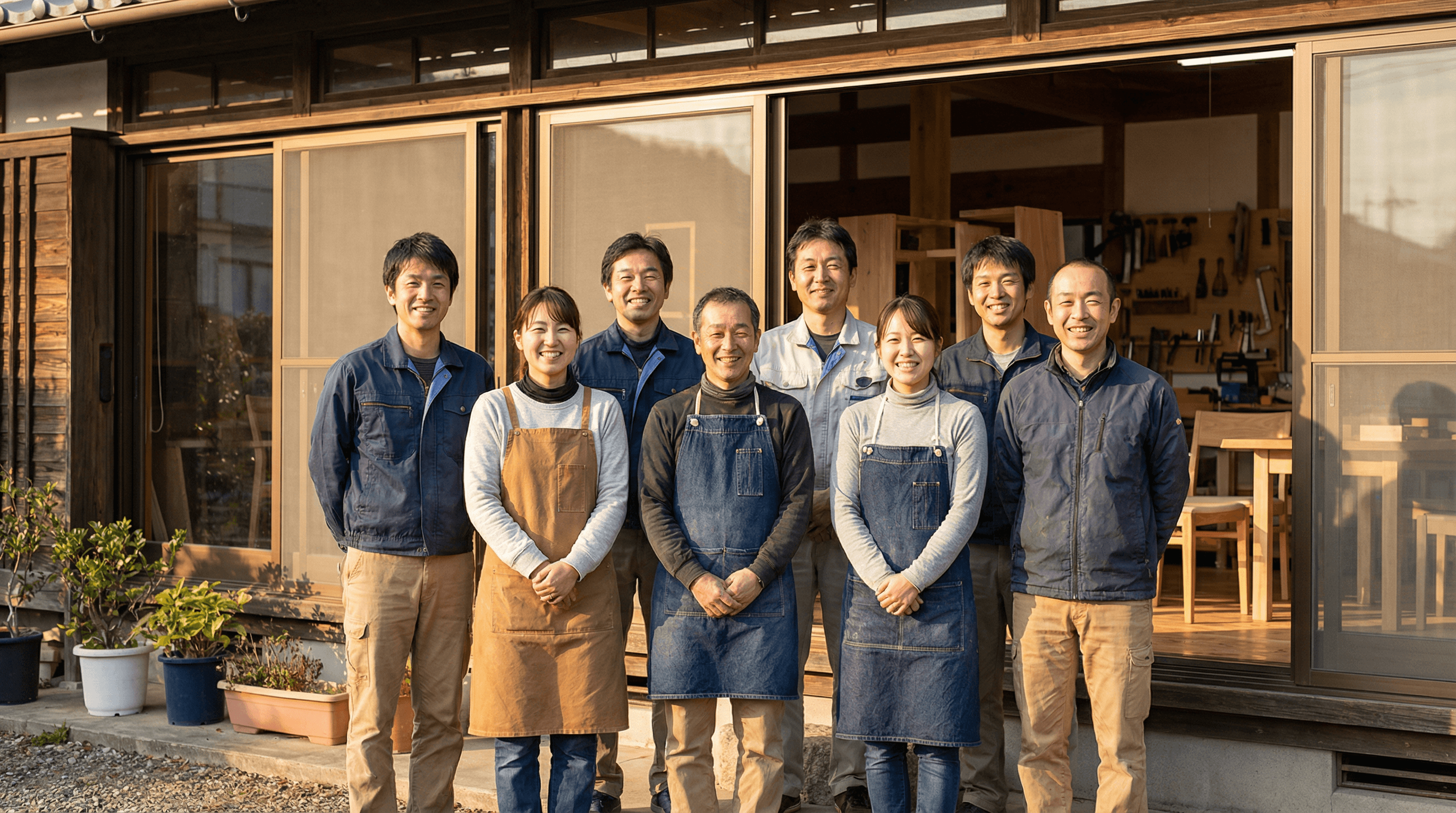 店舗の前でスタッフが笑顔で並んでいる集合写真