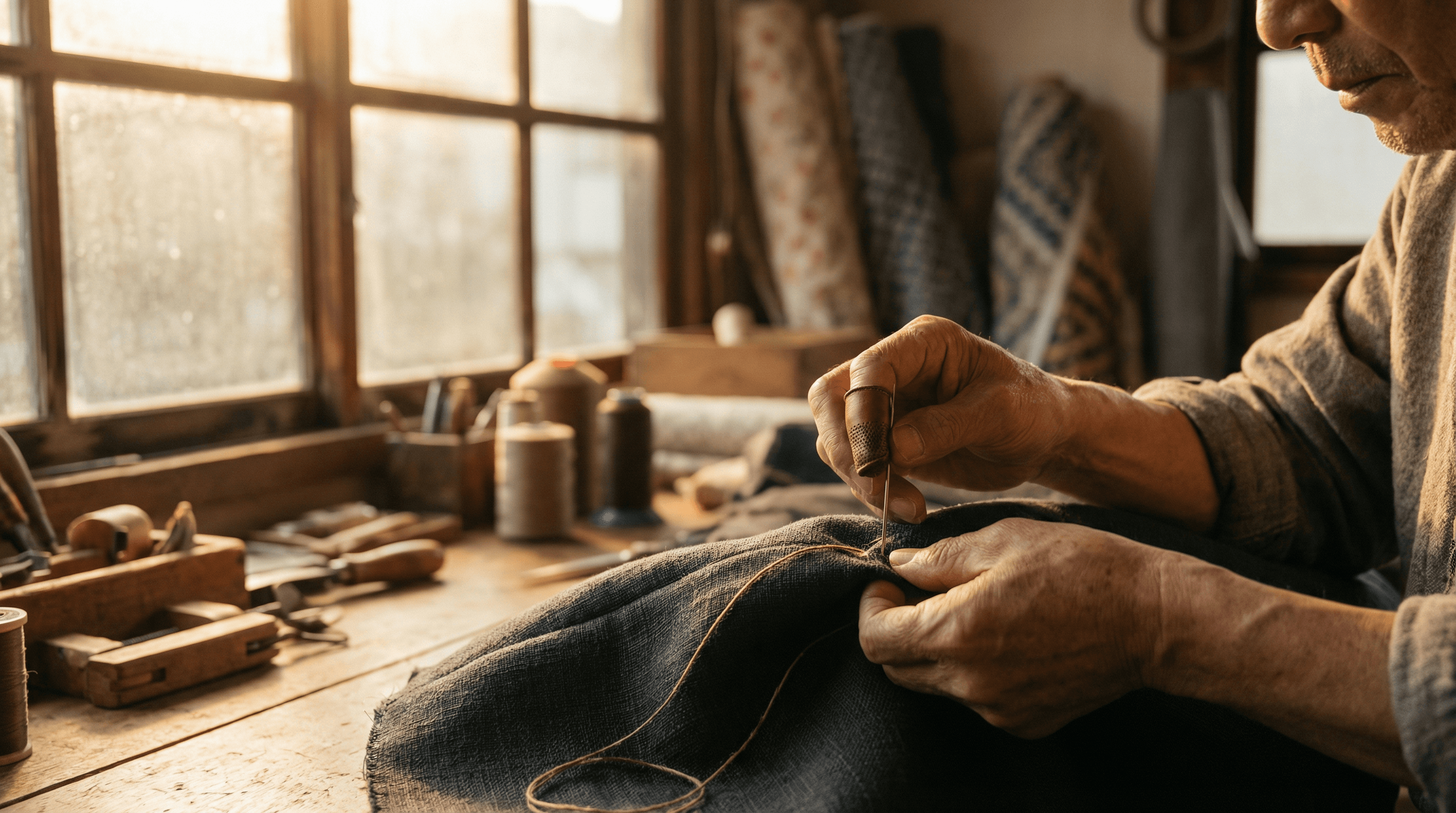 工房で職人がソファの生地を丁寧に縫っている様子