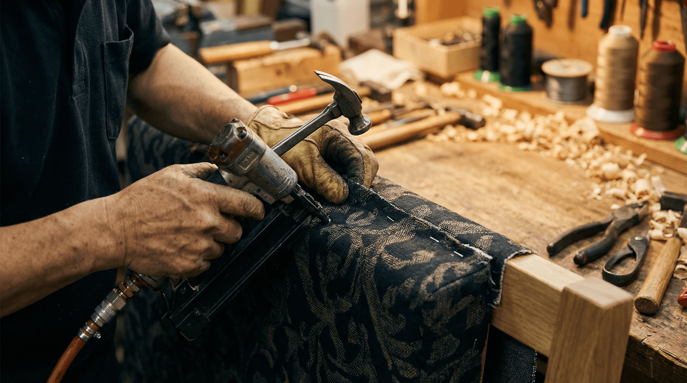 職人が生地を張り替えている様子